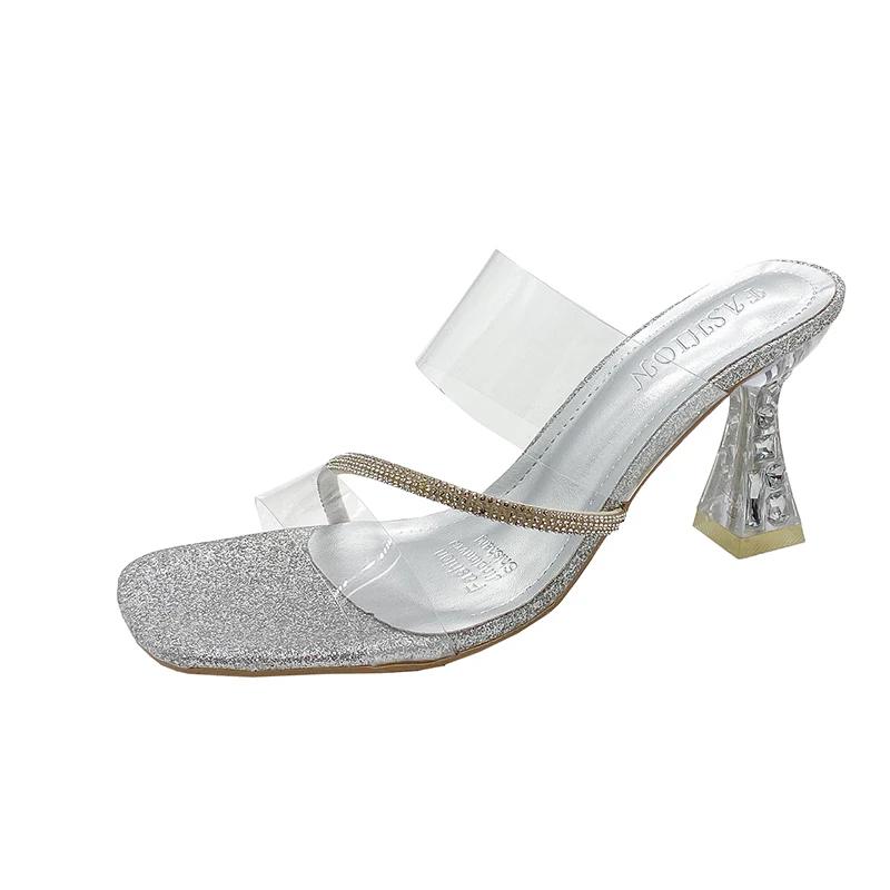 Женские босоножки на каблуке, лето 2024, прозрачные тапочки на высоком каблуке, уличные сандалии из ПВХ со стразами, блочные каблуки, блестящие туфли для женщин