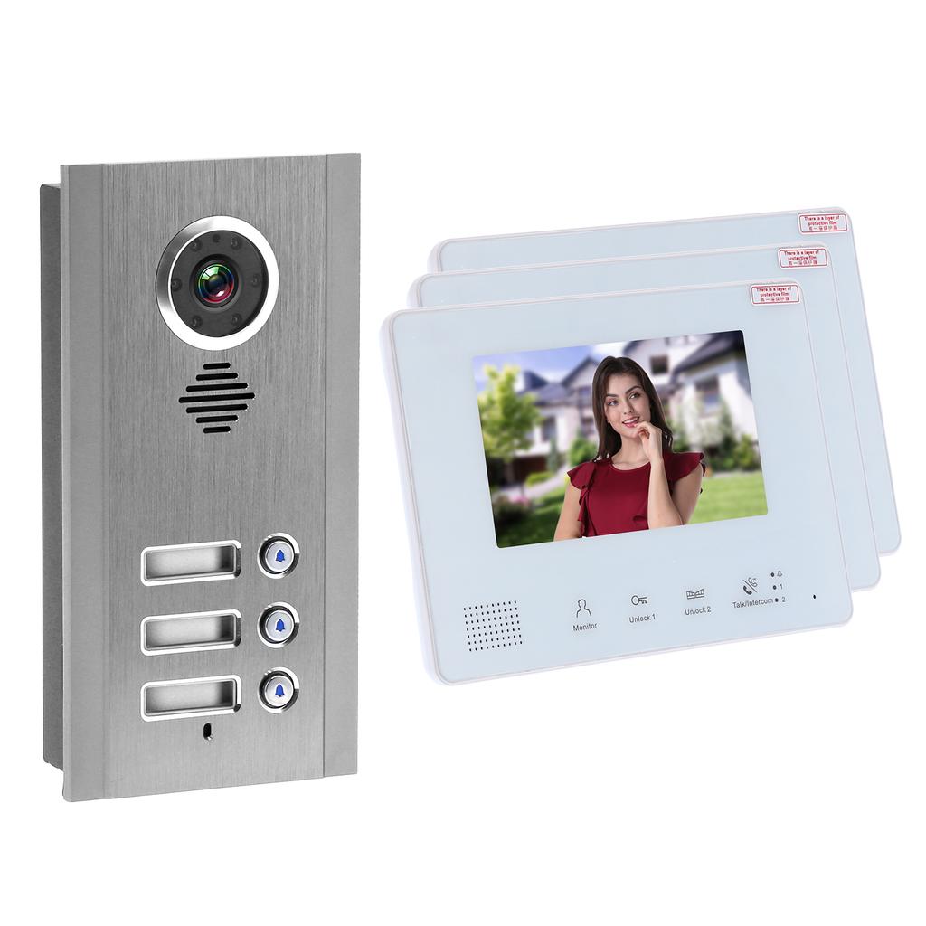 Visual Intercom Doorbell 7in TFT LCD 2 Wire Night Vision Security Door Phone 1 Camera 3 Displays