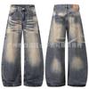 Mens Distressed Straight-Leg Flared Jeans With Whiskering Mid-Rise Cotton Denim Washed Vintage Streetwear Style
