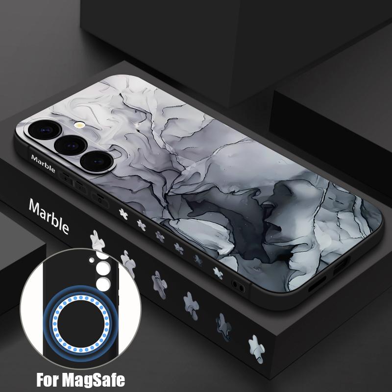 Для Samsung Galaxy S25 Ultra S24 S22 Plus S23 S21 A56 A36 A16 A55 Мраморный узор ударопрочный TPU мягкий для Magsafe магнитный с ремешком тонкий чехол крышка