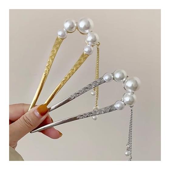 2-Piece U-Shaped Hairpin Set with Pearls, Alloy Hair Accessories, Flowing Ornaments, Silver & Gold, Ideal for Formal Occasions like Coming-of-Age
