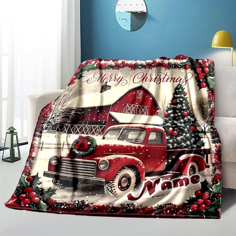 1PC Custom Name Christmas Truck Scene outdooor Flannel blankets Throw Blanket All-Season Throw Gift Bedspread for Couch, Bed, Camping Holiday Birthday