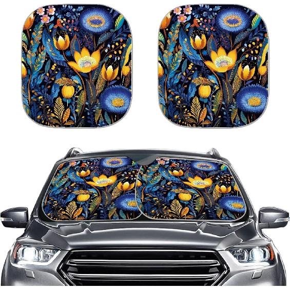 2-Piece Cactus Windshield Sunshade Floral Foldable Car Front Window Sun Shades for Most Sedans SUVs Trucks Tesla Blocks UV Rays and Keeps Your