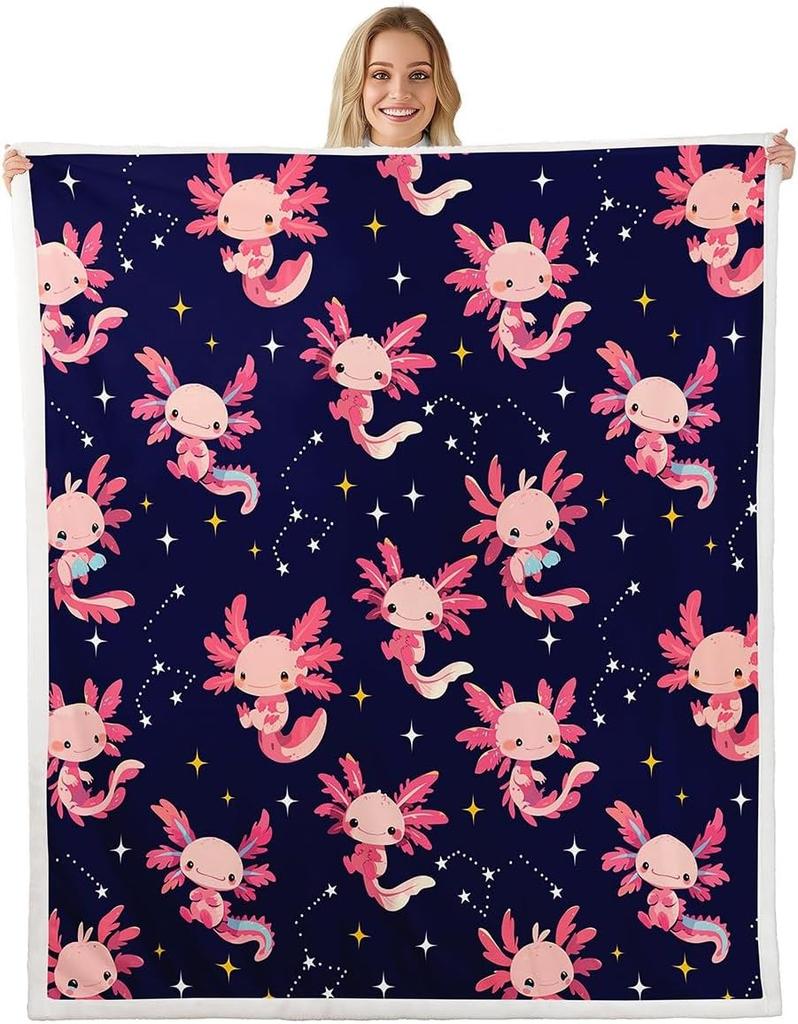 Cute Pink Axolotl Blanket Soft Fleece Throw Cherry Blossom Design Fantasy Art Kids Room Decor