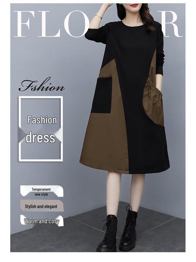 Autumn 2025 Plus Size Slimming Color Block Long Sleeve Dress for Women