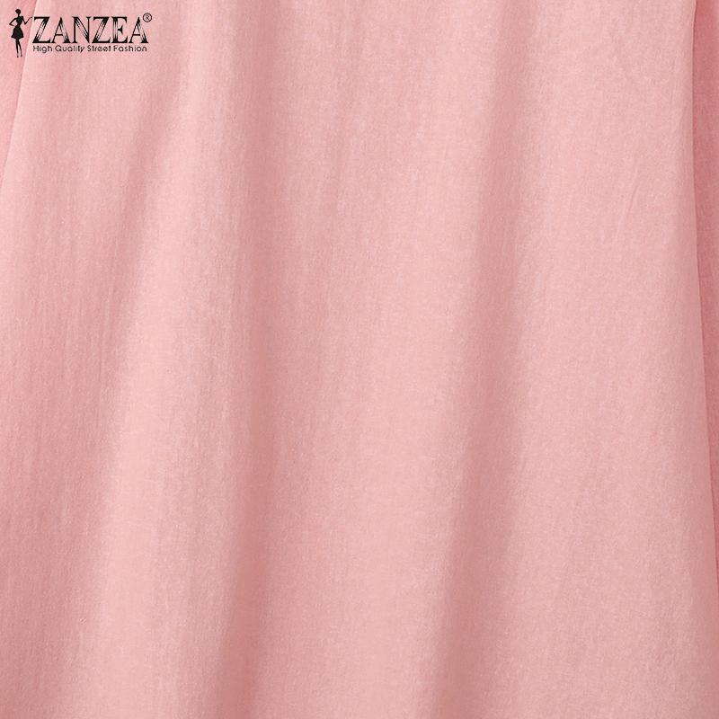 ZANZEA Женские хлопковые однотонные блузки с круглым вырезом и длинным рукавом