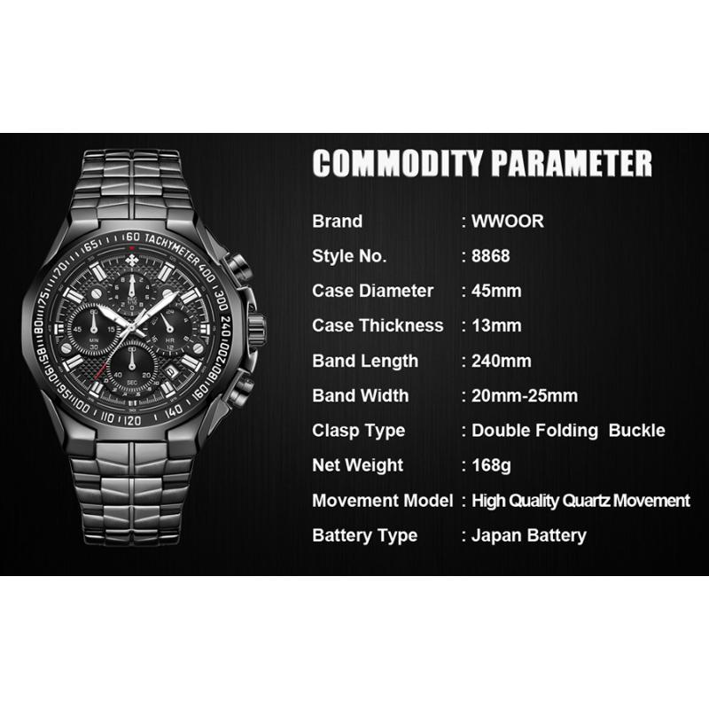 Top Brand Luxury Sport Watch For Men Quartz Chronograph Date Luminous Full Steel Wrist Watch