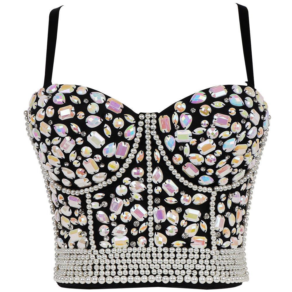 Crystal Rhinestone Diamond Acrylic Stone Pearls Camis Corset Bras Push Up Crop Top Women Carnival Club Party Cropped