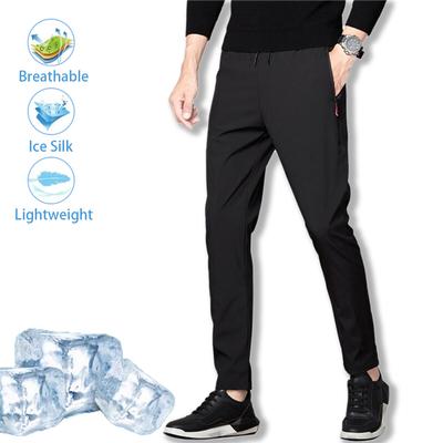 Мужские брюки Ice Silk, летние, мужские повседневные спортивные брюки, серые, с карманами на молнии, узкие, прямые, дышащие, легкие, приятные на ощупь