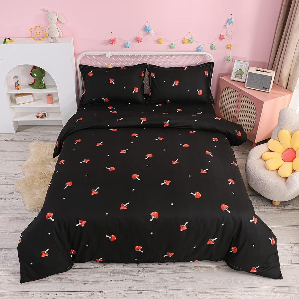 Red Mushroom Kawaii Comforter Set Twin Size Kids Bedding Set Botanical Plant Theme Print Quilt Bed Set for Boys Girls Adults
