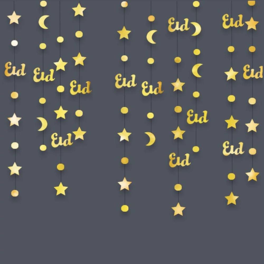 Gold Silver Eid Mubarak Banners Glitter Paper DIY Paper Star Moon Lantern Ceiling Hanging Pull Flag Hang Garland