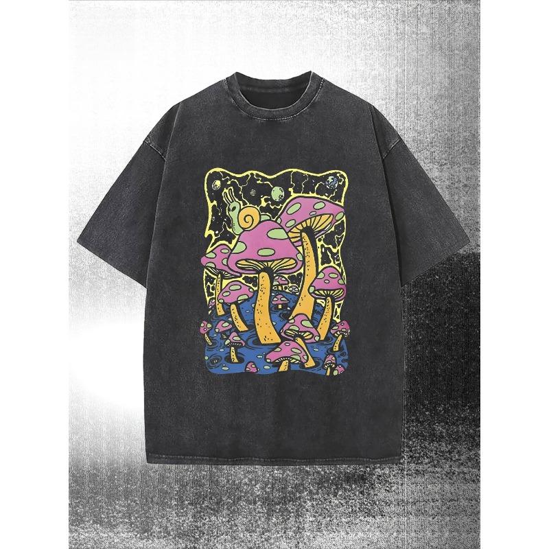 European Size Men's Heavy Duty T-Shirt - Purple Mushroom World Pattern T-Shirt with Neon Green and Blue Accessories T-Shirt