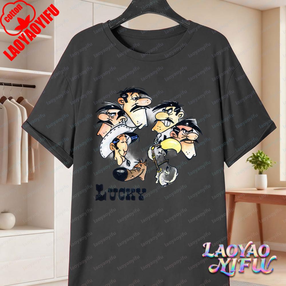 Lucky Luke Full Cast Print Casual Tops Playful Western Cartoon Cotton Tee Funny Vintage Classic Anime Shirt Trend Unisexs Clothing