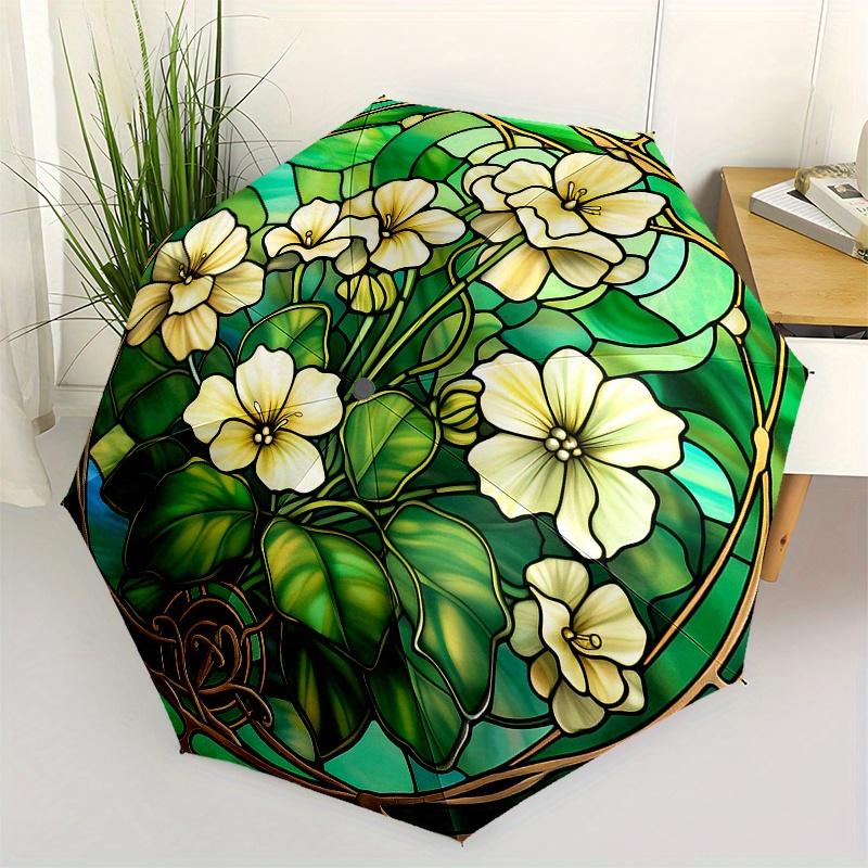 Stained Glass Window Panel with White Flowers, Circular Art Decor Umbrella, Cute Umbrella with Cute Design, Portable 3-Fold Compact Umbrella for Men &