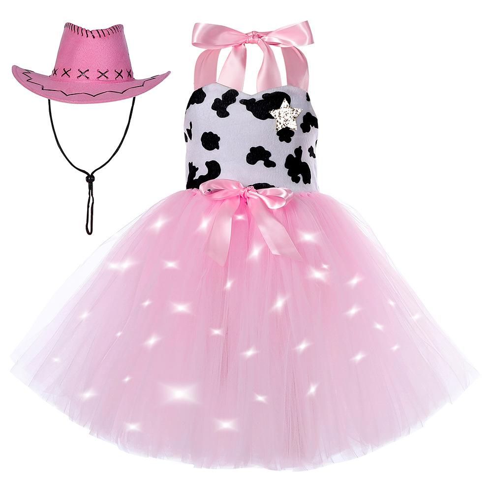 Western Cowgirl Mesh Tutu Dress, Rose Red LED Light Up Kids Stage Performance Full Skirt