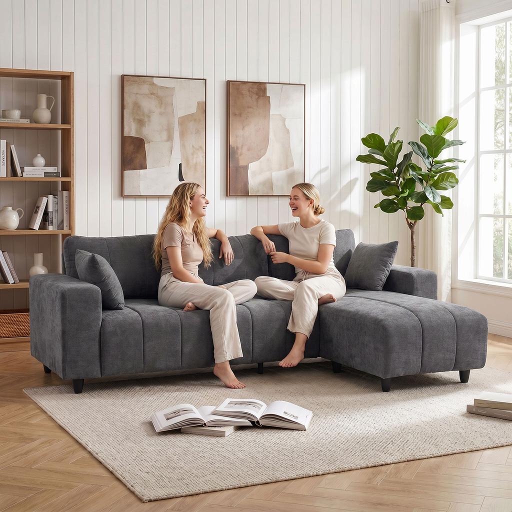 L-Shaped Corner Sofa, 3-Seater, 242 cm, Reversible Chaise, 2 Pillows, Linen-Look, Grey