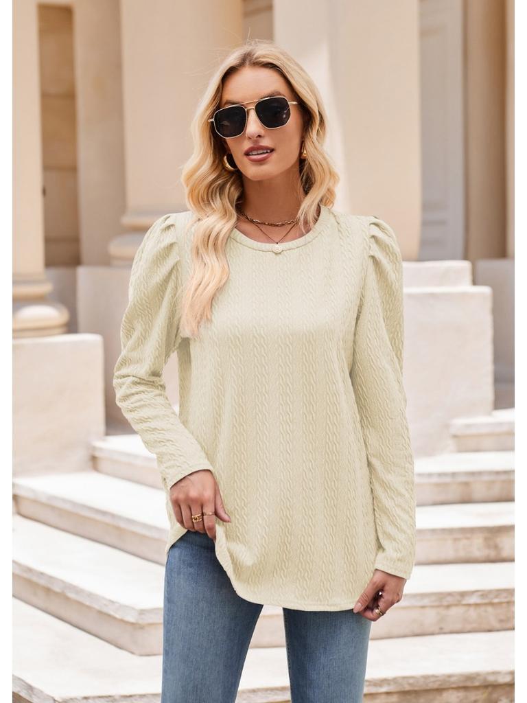 2024 Новая осенняя мода Повседневная круглая горловина однотонная трикотажная жаккардовая женская футболка с рукавами-пузырями и узорами из жареного теста