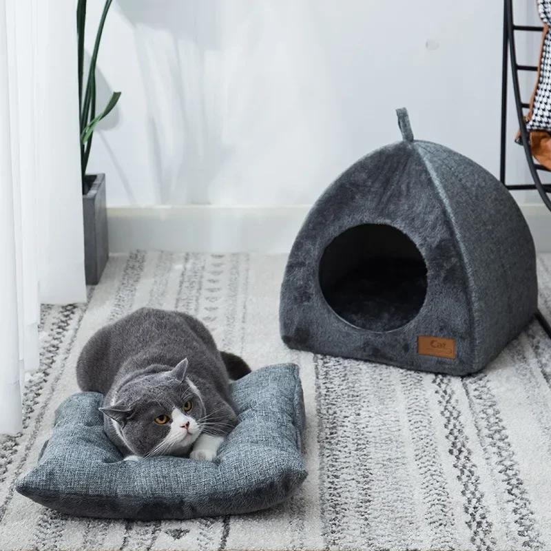 Новое треугольное кошачье гнездо, закрытый кошачий домик, гнездо для питомца, теплое и утолщенное, для глубокого сна, собачье гнездо, товары для питомцев, закрытая кошачья кровать, кошачьи палатки