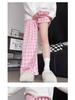 Women's Pink Plaid Straight-Leg Pants, Loose Slimming Fit, Casual Wide-Leg, Floor-Length, Spring/Autumn 2025.