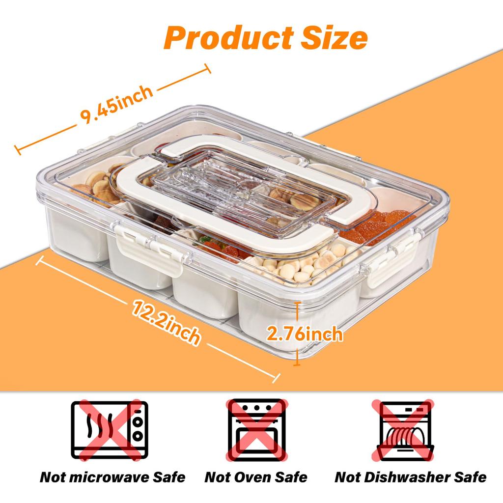 Portable Snackle Box Container Divided Serving Tray with Lid and Handle Clear Snack Box Organizer for Fruits Candy, Snacks
