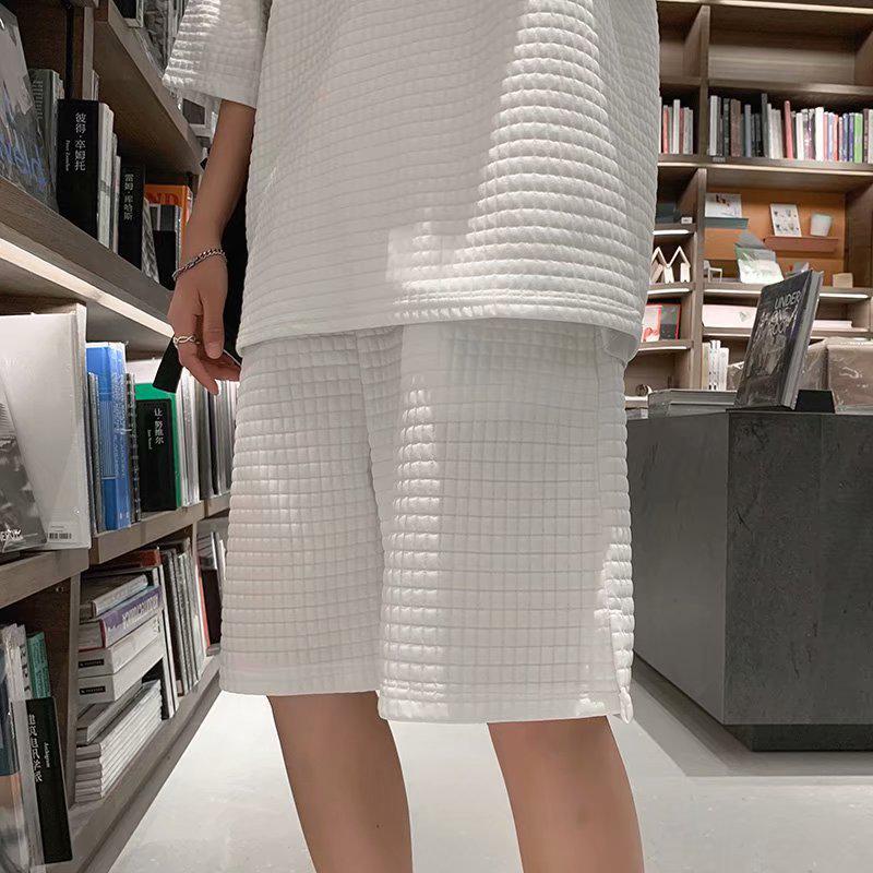 Мужской модный спортивный костюм из вафельной ткани с футболкой с короткими рукавами на лето