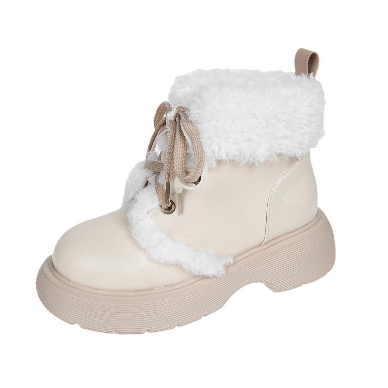 Флисовые теплые ботинки на толстой подошве в стиле ретро с круглым носком и толстой подошвой из хлопка, женские зимние утолщенные ботинки на шнуровке в корейском стиле 2024 года