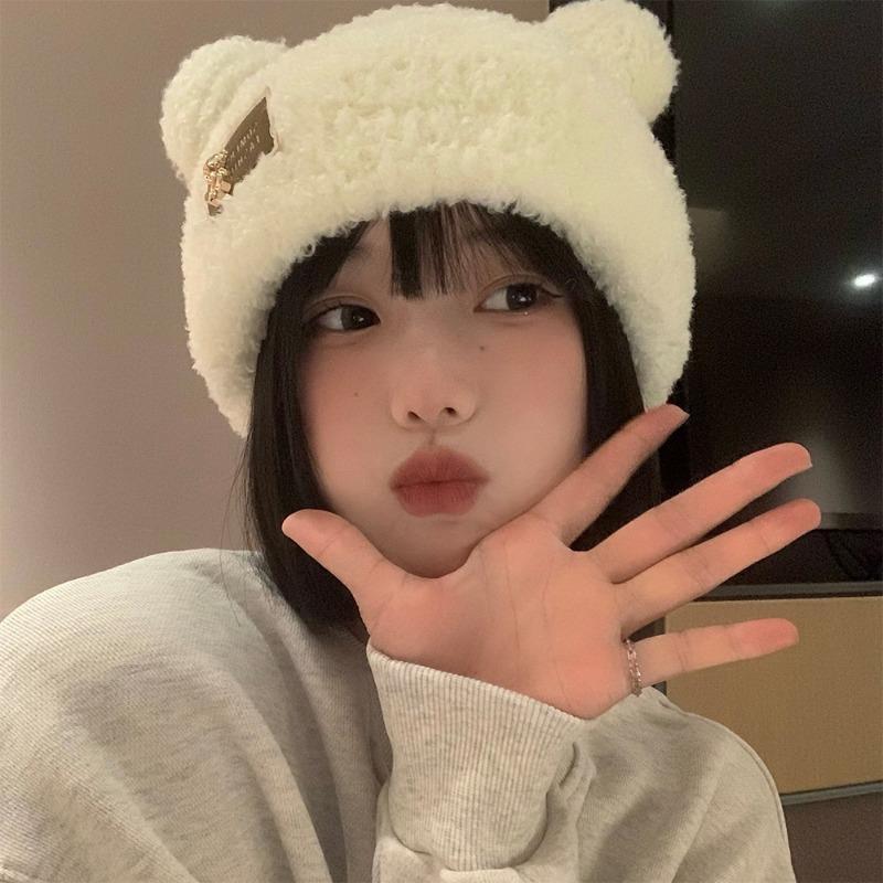 Cute Bear Wool Hat Women's Winter Thickened Plush Warm Plush Bald Hat Autumn and Winter Big Head Circumference Knitted Hat
