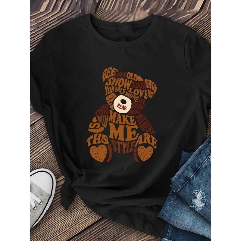 Женские и детские футболки с алфавитом 'Little Bear' европейского размера - Мягкие, дышащие, с коротким рукавом, круглым вырезом, с милым мишкой - Летние наряды, новые стили 2026