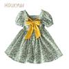 Летние платья для девочек с цветочным принтом, зеленые, 80-130, милые детские платья с короткими рукавами, детская хлопковая одежда для малышей
