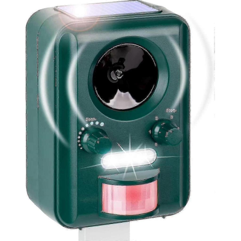 Solar Powered Ultrasonic Animal Repellent Device with Flash Strobe Light for Cats Dogs and Martens
