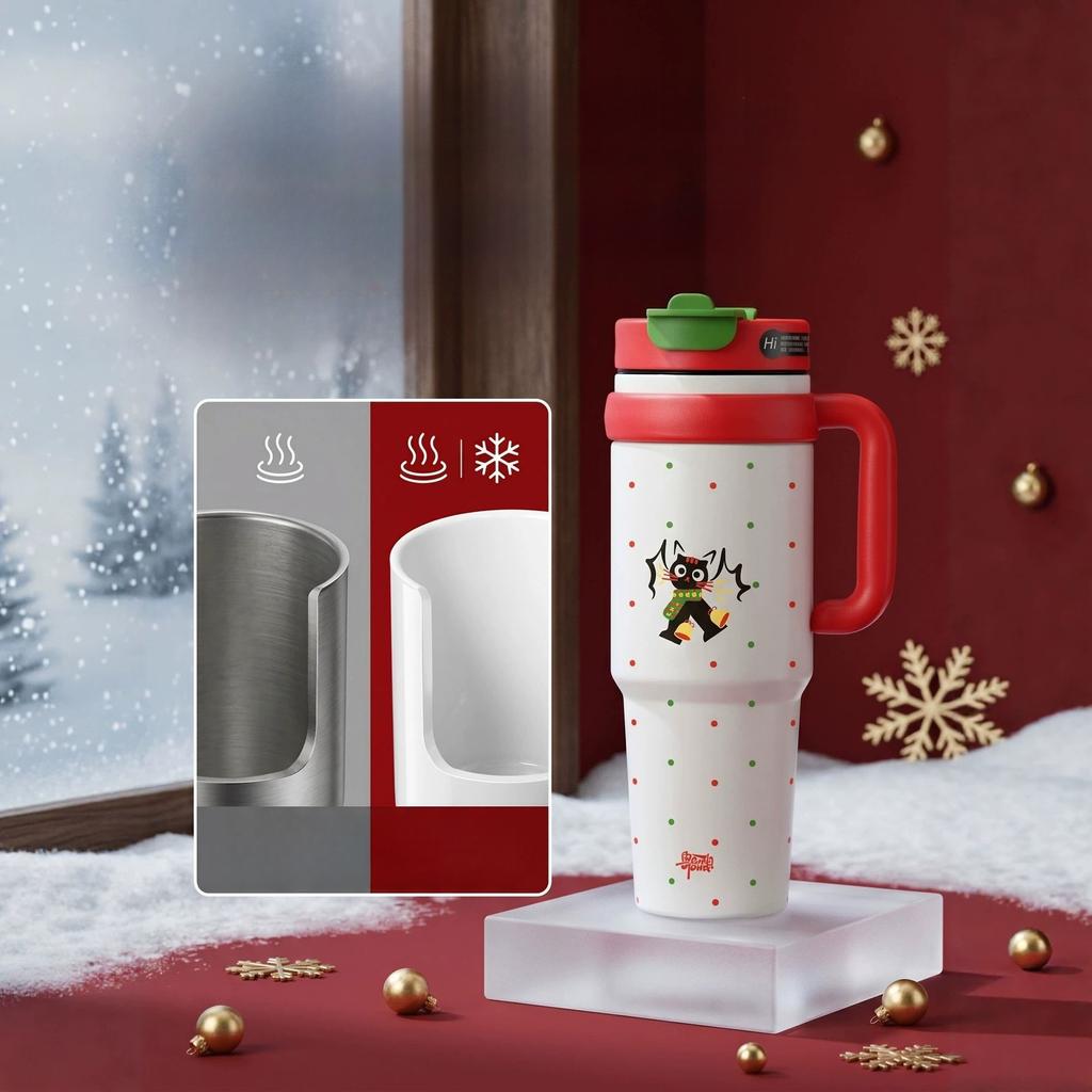 1000ml Ceramic Lined Tumbler with Handle, Large Capacity Vacuum Insulated Coffee Mug,Cartoon Pattern Leakproof Travel Water Cup for Car Office Outdoor