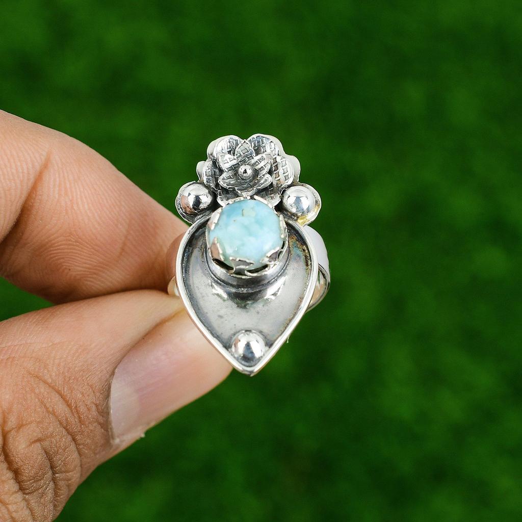 Natural Larimar Gemstone 925 Silver Statement Flower Adjustable Ring For Girls