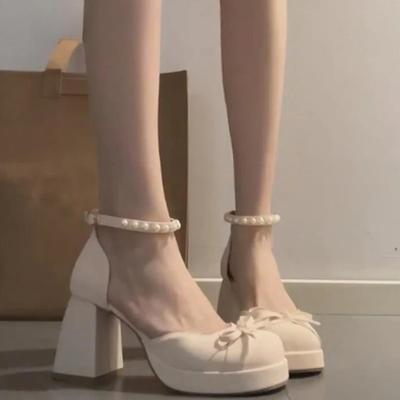 Новые женские туфли Мэри Джейн на толстом каблуке, модные туфли с жемчужной пряжкой на щиколотке, женские туфли-лодочки с бантом-бабочкой для платья
