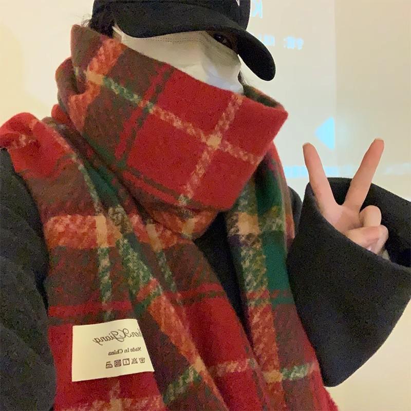 New Gift Christmas Red Scarf Winter Plaid Scarf Women's Imitation Cashmere Versatile Knitted Shawl Women