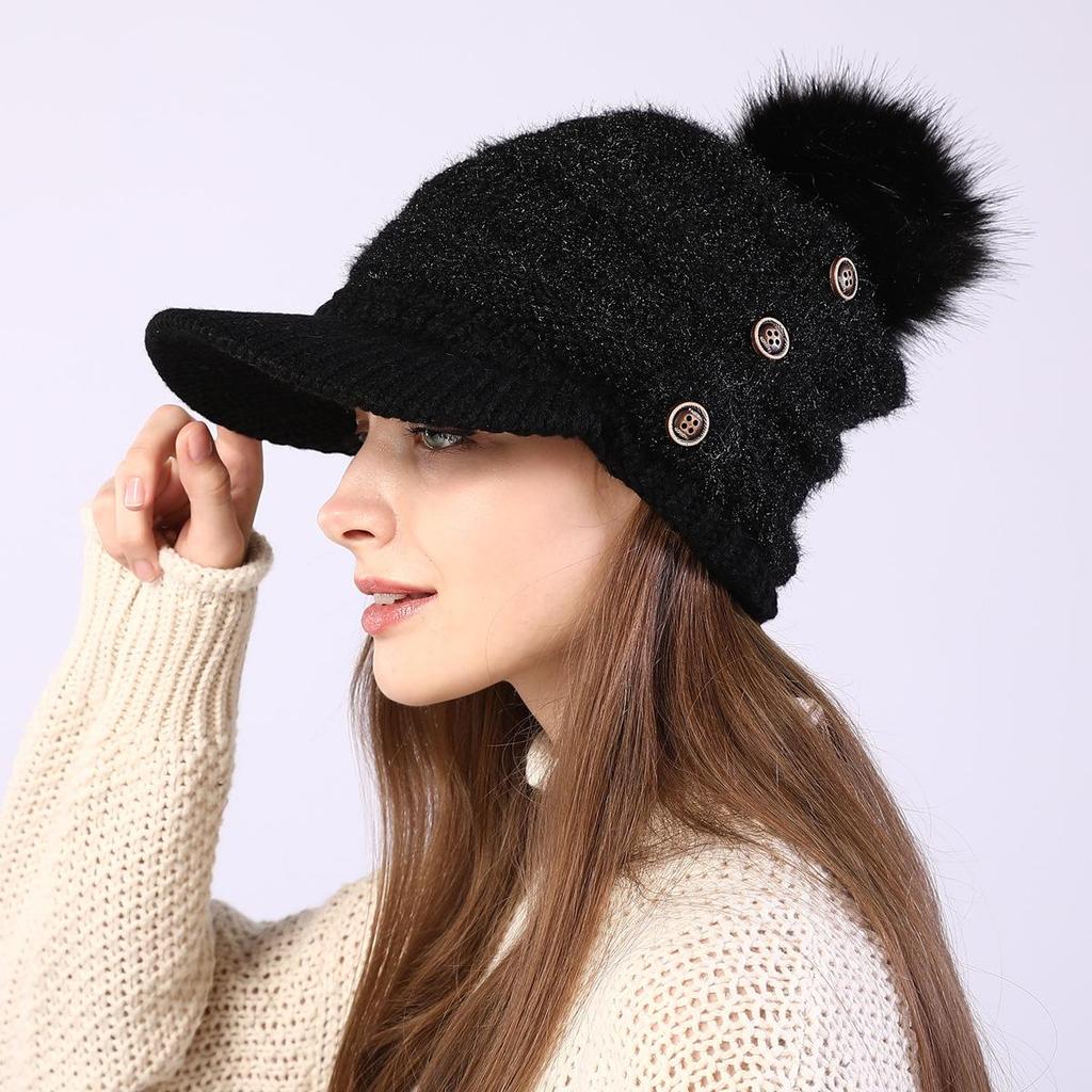 Plush Button Women Autumn Winter Thickened Warm Duck Tongue Big Ball Knitted Hat
