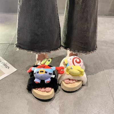 Нескользящие утолщенные хлопковые тапочки милый мультяшный анимационный краб босс улитка пушистые тапочки женские 2025 осень и зима новые
