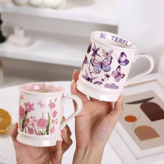380ML Ceramic Coffee Mug Retro Vintage Floral Drinking Mugs Hand-Painted Floral Butterfly Pattern Tea Cup with Handle Gift for Women Girls