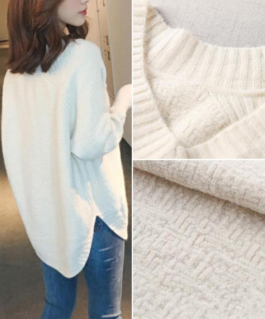 Knit Ribbed Simple Office Fluffy Holiday Simple Room Wear Fluffy Oversized Knit White White White [Second Roots] V-neck Top, Pullover, Hem, Round,