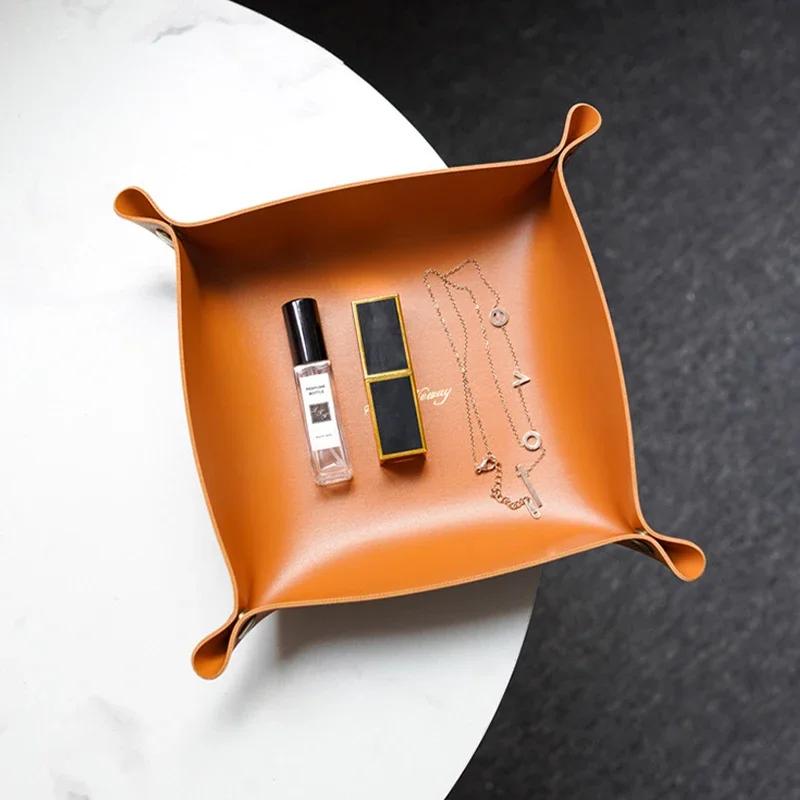 Foldable PU Leather Storage Box Desktop Cosmetic Jewelry Storage Tray Home Office Keys Coins Storage Organizer