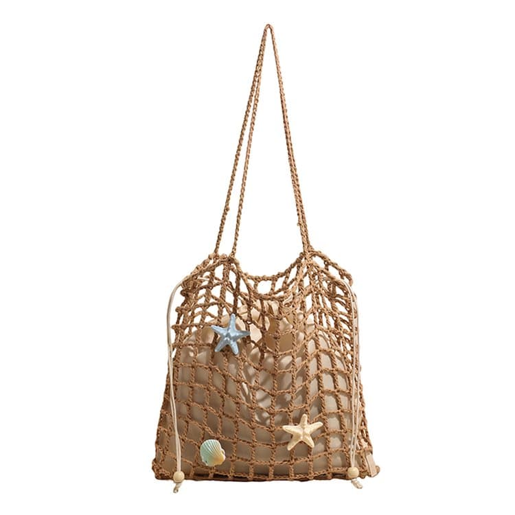 Summer vacation drawstring lined fishing net woven bag
