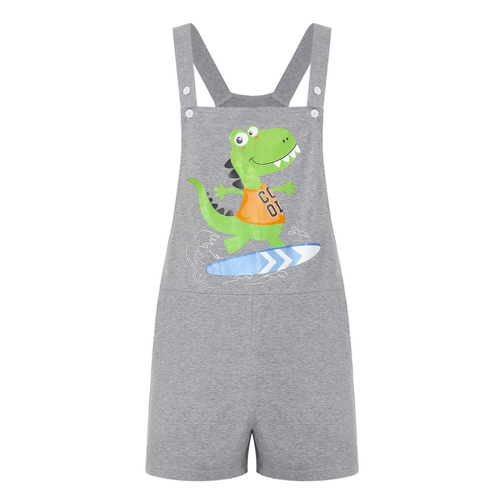 S-XXL Men Cartoon Dinosaur Printed Overalls Pajamas Back Color Blocking Pockets Adjustable Straps Bib Shorts Rompers Sleepwear