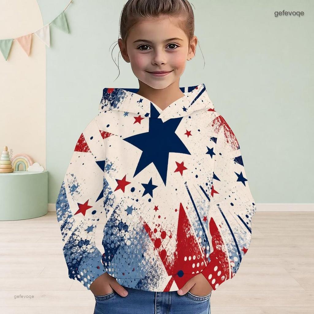 Girls Navy Blue Star Printed Long Sleeve Hooded Pullover Sweatshirt