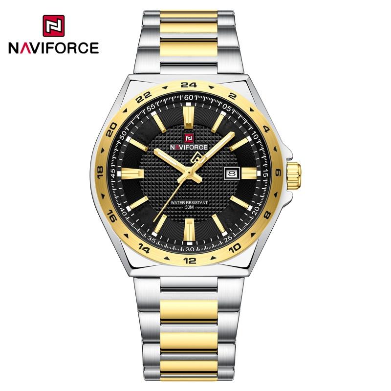 NAVIFORCE Уникальные мужские кварцевые часы Часы Отображение даты Стальной ремешок Водонепроницаемость 3 АТМ Светящаяся стрелка Мужские часы