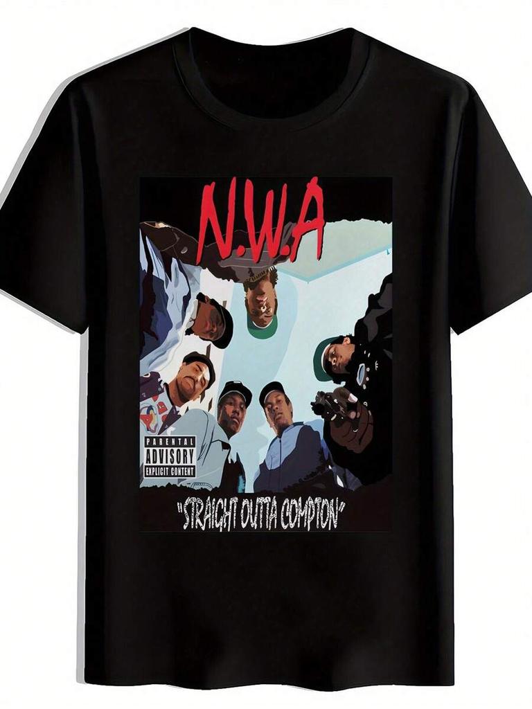 Унисекс'Ская графическая футболка N.W.A "Straight Outta Compton" - Черная повседневная футболка с круглым вырезом и иллюстрацией в мультяшном стиле