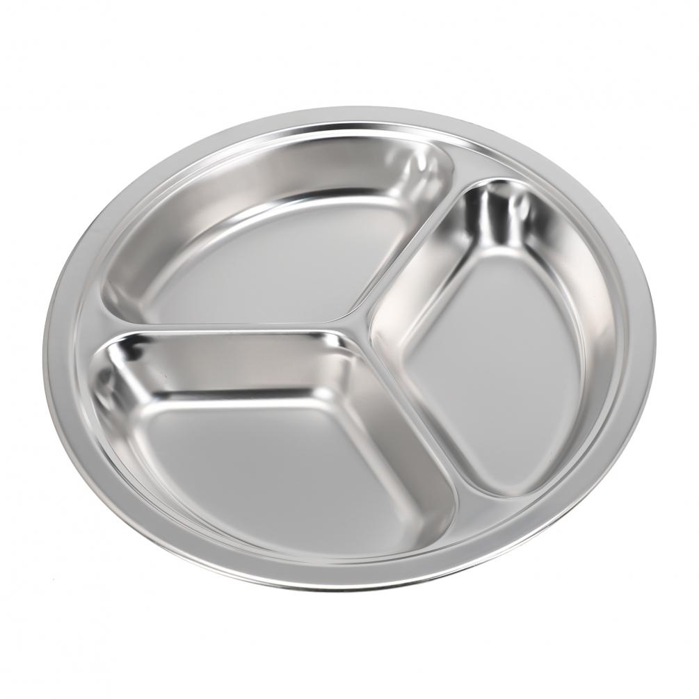 Stainless Steel 3-Compartments-Divided Plate Food Serving Lunch Dinner Dish Tray