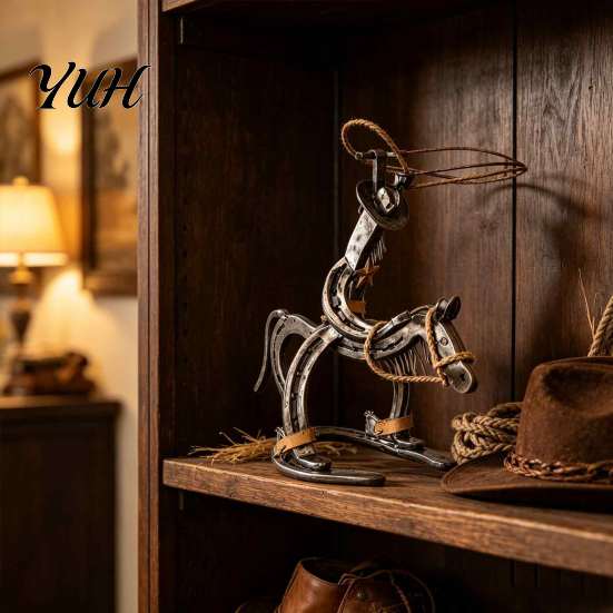 Retro Iron Horseshoe Decor Handcrafted Cowboy Pony Ornament, Rustic Western Rodeo Horse Sculpture, Metal Handmade Tabletop Decorations Desk