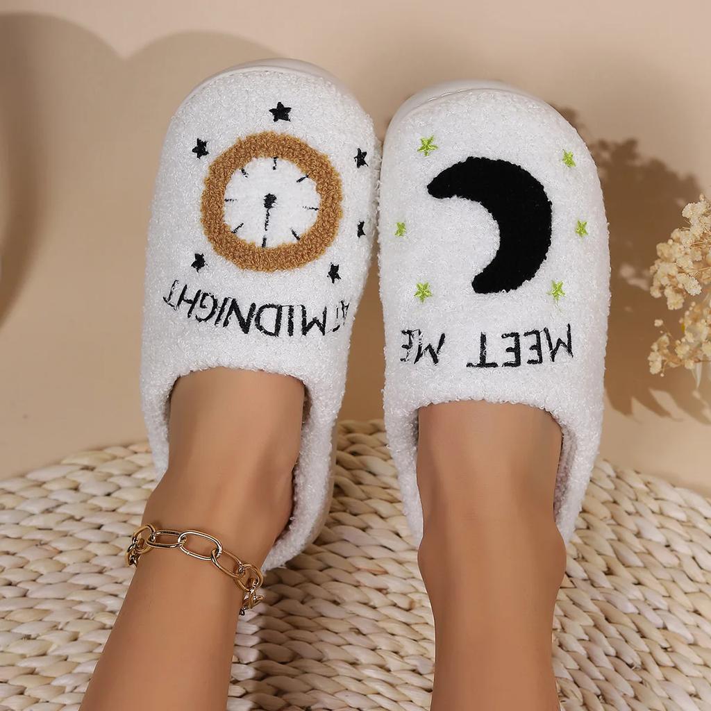 Moon Clock Warm Indoor Cotton Slippers 2024 New Winter Cotton Slippers Home Anti Slip Plush Floor Cotton Shoes Chanclas Mujer