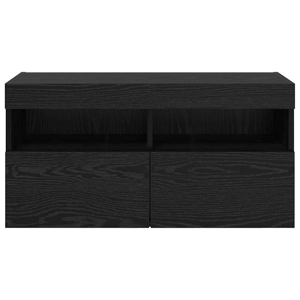 Wall Mounted TV Cabinet with LED Lighting Black Oak Effect 80 x 30 x 40 cm
