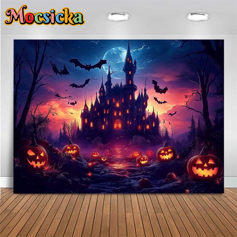 Mocsicka Halloween Purple Castle Photo Background Night Terror Forest Tree Bat Jack-O-Lanterns Party Decors Photography Backdrop
