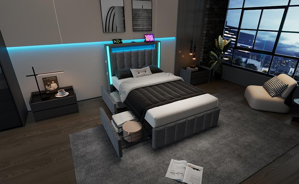 Upholstered Bed USB Type C Charging LED Lighting and 2 Drawers, Youth Bed 90x200cm Single Bed Frame, Wooden Slatted Frame, Grey (With Mattress)
